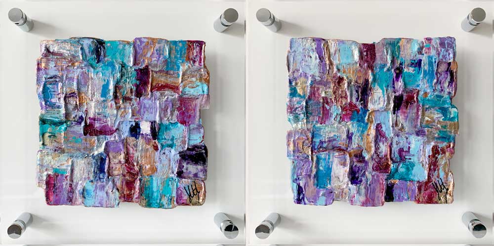 ''Elegance': set of two colourful abstract paintings on clear plexiglass, contemporary art on glass, paintings on perspex glass