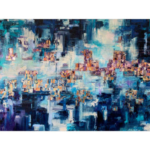 'Emerging' very large blue abstract cityscape painting on canvas by Jayne Leighton Herd