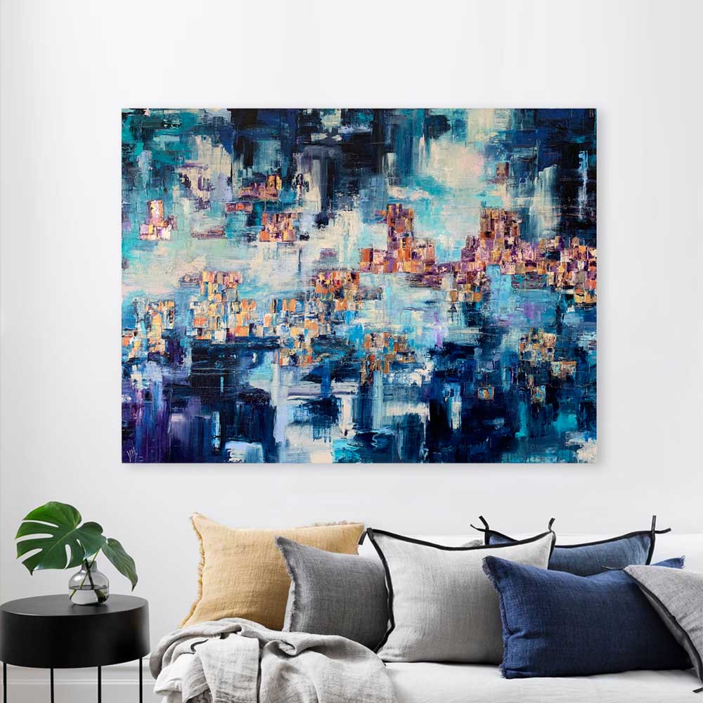 'Emerging' very large blue & gold abstract cityscape skyline painting on canvas by Jayne Leighton Herd