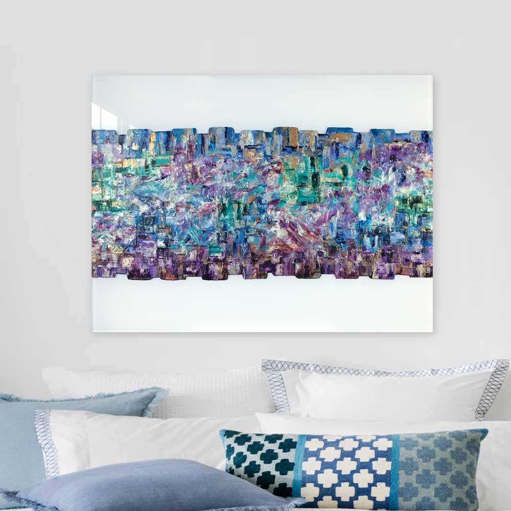'Here to Stay' - contemporary geometric abstract painting on white perspex glass