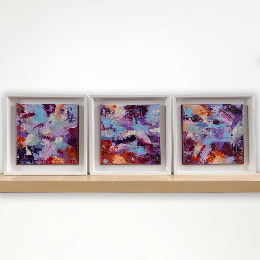 Set of three colourful abstract paintings on canvas in white frames - Joy by Jayne Leighton Herd