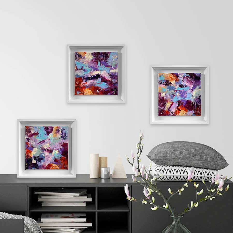 Set of three colourful abstract paintings on canvas in white frames - Joy by Jayne Leighton Herd