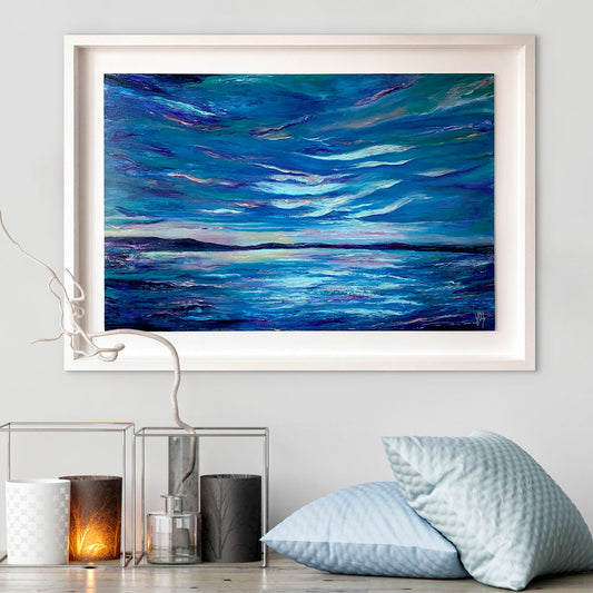 Blue original abstract landscape painting inspired by Scotland - Light My Way by Jayne Leighton Herd
