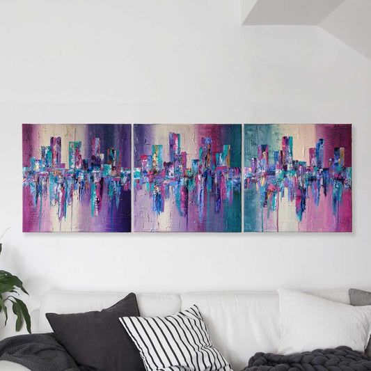 'Living Life' triptych purple pink green abstract cityscape painting on canvas