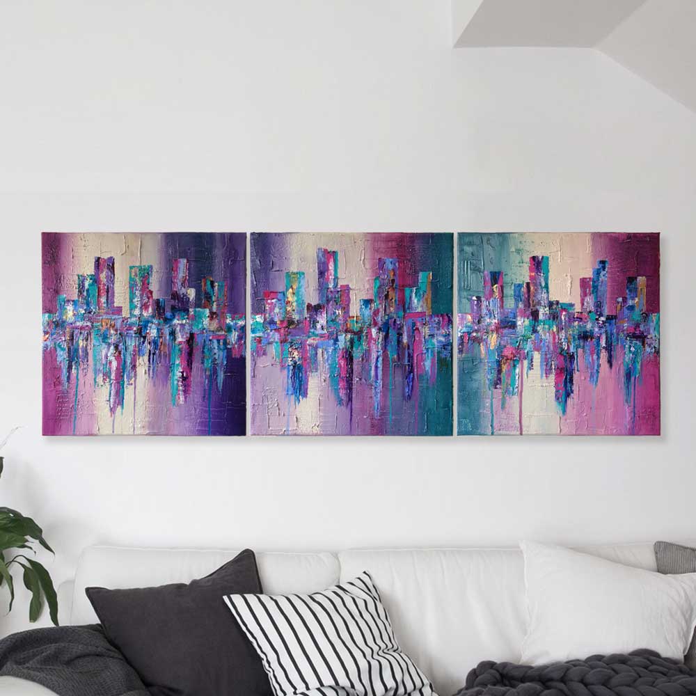'Living Life' triptych purple pink green abstract cityscape painting on canvas