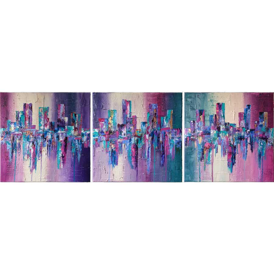 'Living Life' triptych purple pink green abstract cityscape painting by Jayne Leighton Herd