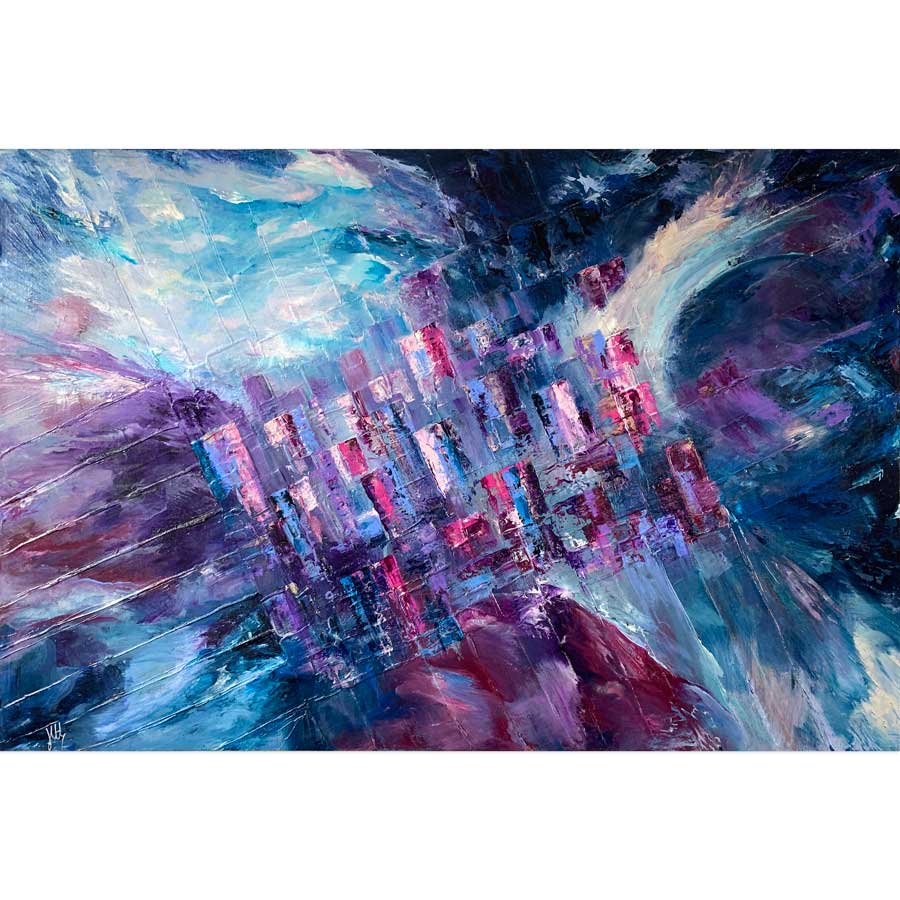 'Living on the Grid' original blue, purple, burgundy abstract cityscape painting by Jayne Leighton Herd