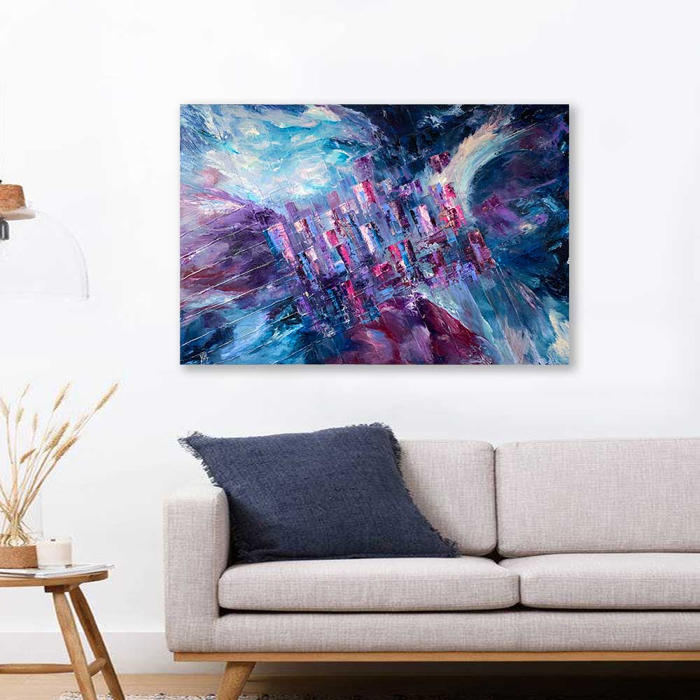'Living on the Grid' - original vibrant blue, purple, burgundy abstract cityscape painting by Jayne Leighton Herd