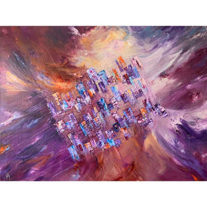Nature's Way very large textured purple, burgundy & orange abstract cityscape painting by Jayne Leighton Herd