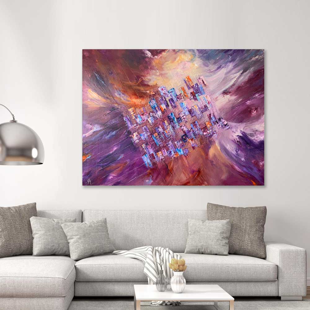 Nature's Way by Jayne Leighton Herd - large colourful abstract cityscape painting interpreting the idea of urban life meets nature!