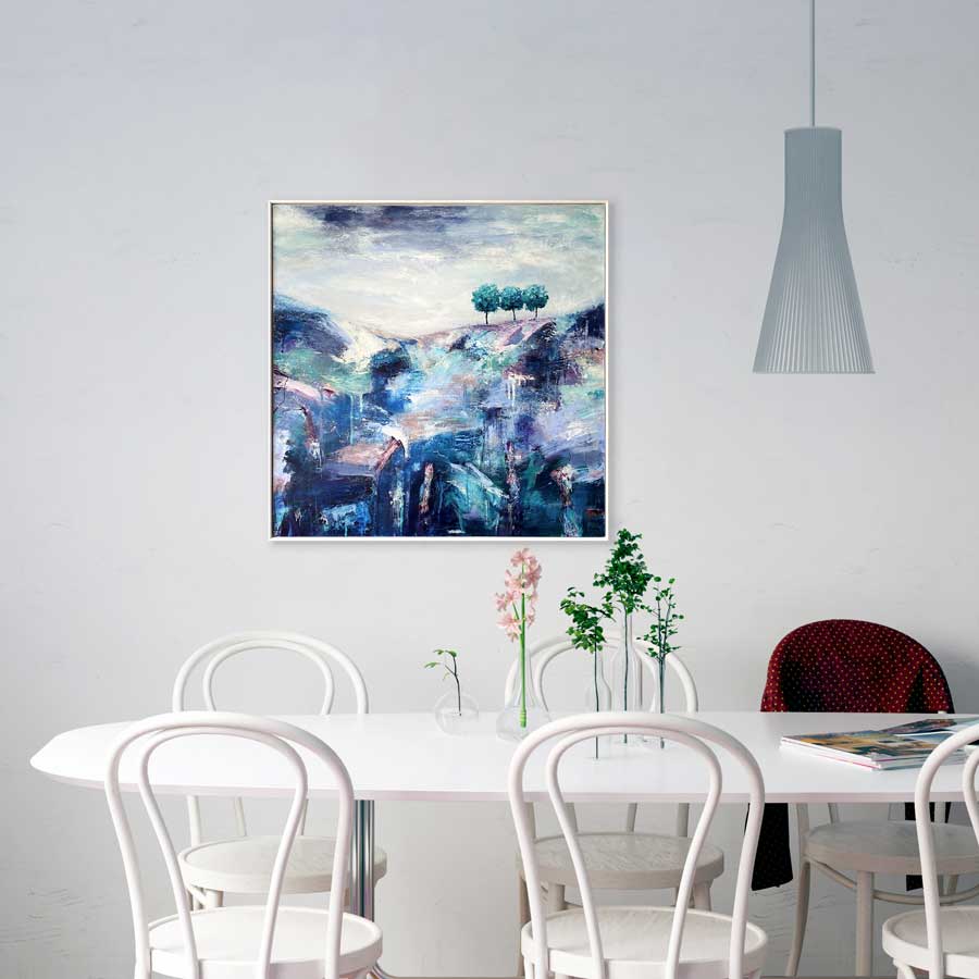 Dining room art - original green & blue abstract landscape painting - On Top Of Everywhere by Jayne Leighton Herd