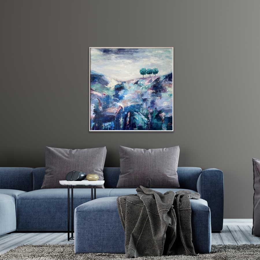 Framed Living room art - original green & blue treescape painting - On Top Of Everywhere by Jayne Leighton Herd