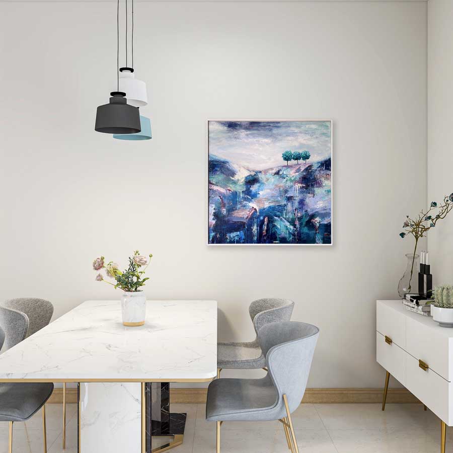 Dining room art - original green & blue abstract treescape landscape painting - On Top Of Everywhere by Jayne Leighton Herd