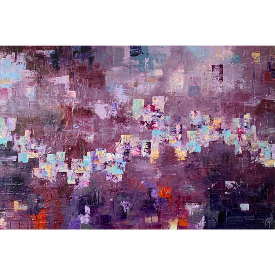 'Patchwork' burgundy purple abstract cityscape painting on box canvas, by Jayne Leighton Herd