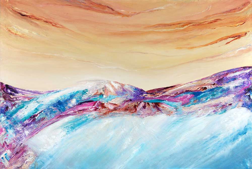 'Perfect Day' - colourful, textured, original abstract landscape mountainscape painting
