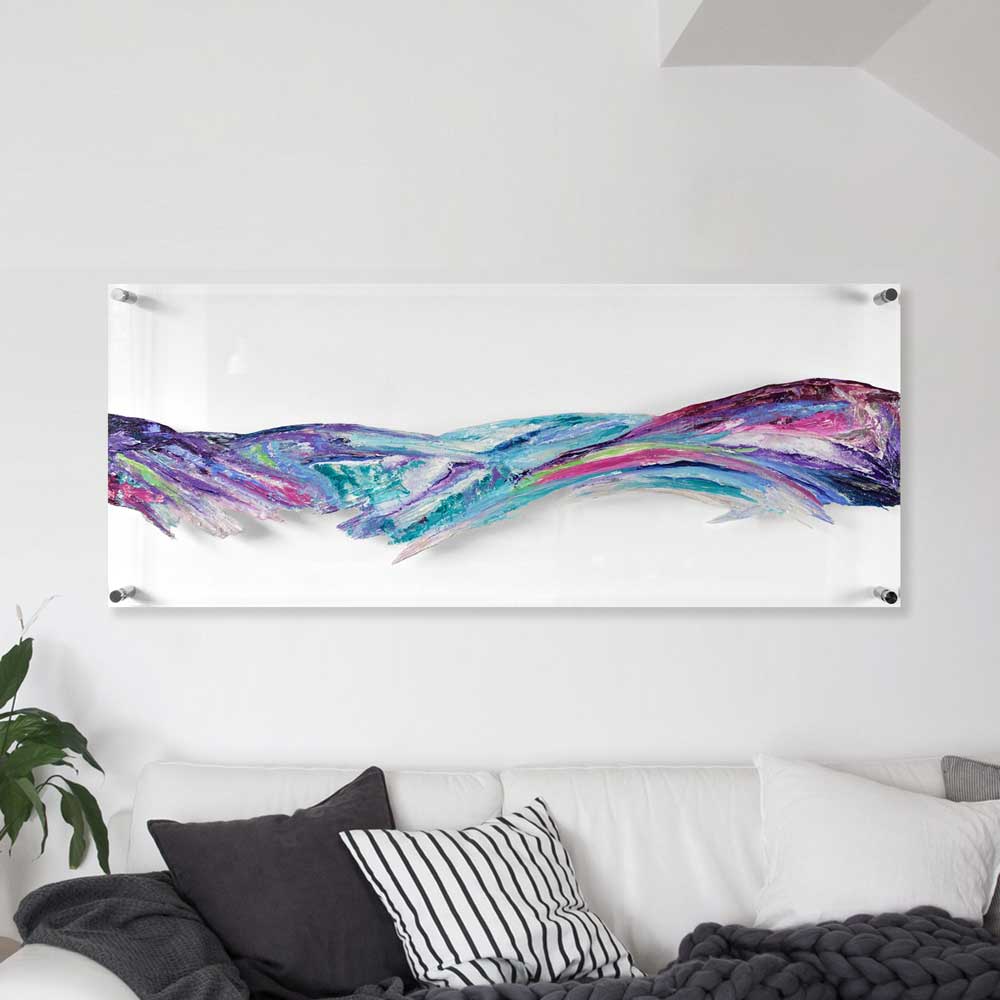 'Serenity' original abstract landscape painting on clear plexiglass, mountainscape art on perspex glass,, scotland, cairngorms