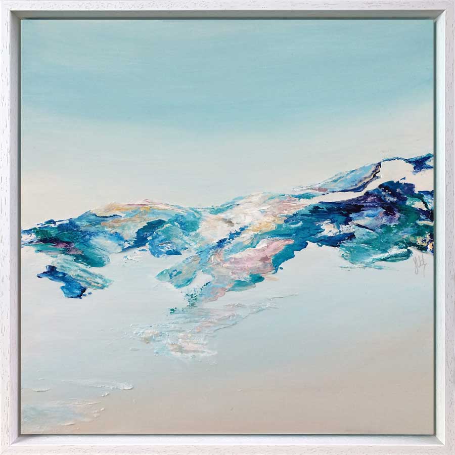 'Tranquillity I': original abstract landscape painting on wood, aerial view, coastline, hills, scotland