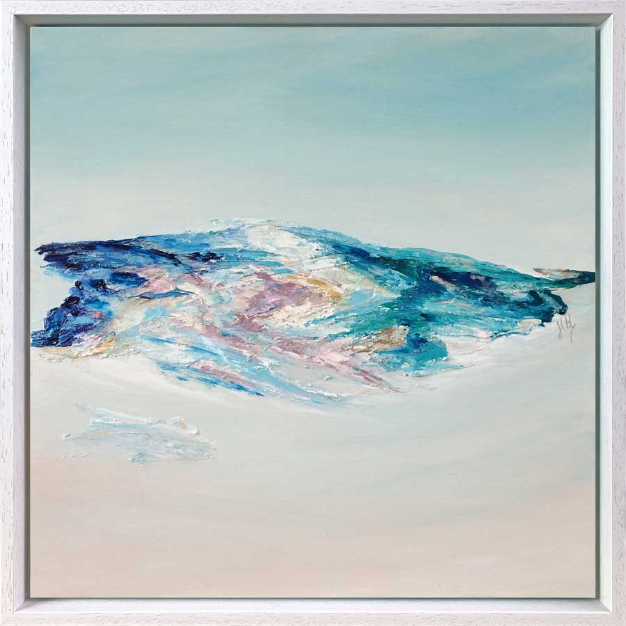 'Tranquillity II': contemporary abstract landscape painting on wood panel, hills, aerial view, coastline, scotland, blue, teal, turquoise