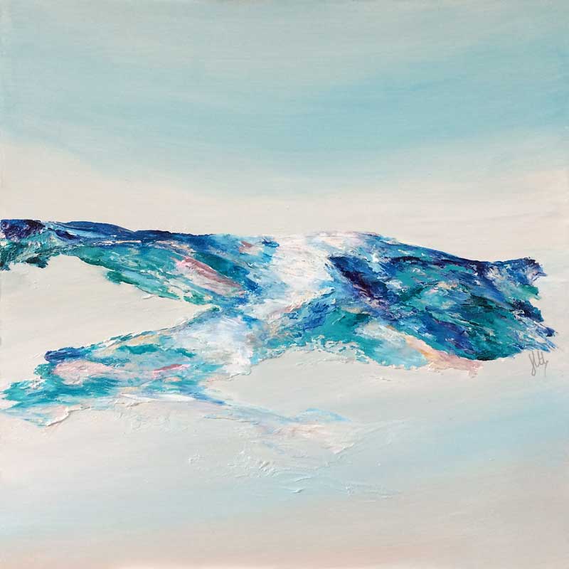 'Tranquillity III': contemporary abstract landscape painting on wood panel, hills, aerial view, coastline, scotland, blue, teal, turquoise