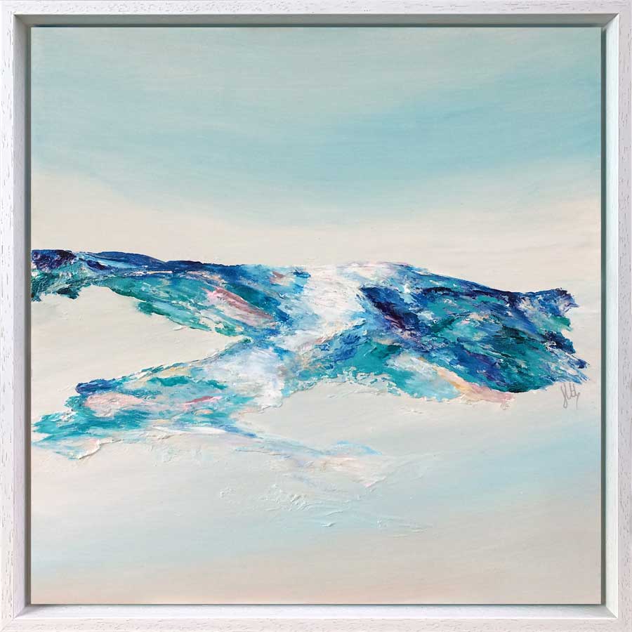 'Tranquillity III': contemporary abstract landscape painting on wood panel, hills, aerial view, coastline, scotland, blue, teal, turquoise
