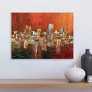 A Warm Embrace original abstract cityscape painting on canvas in warm autumnal colours - Jayne Leighton Herd