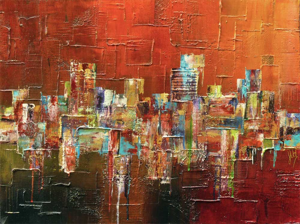 A Warm Embrace original abstract cityscape painting on canvas in warm autumnal colours - Jayne Leighton Herd