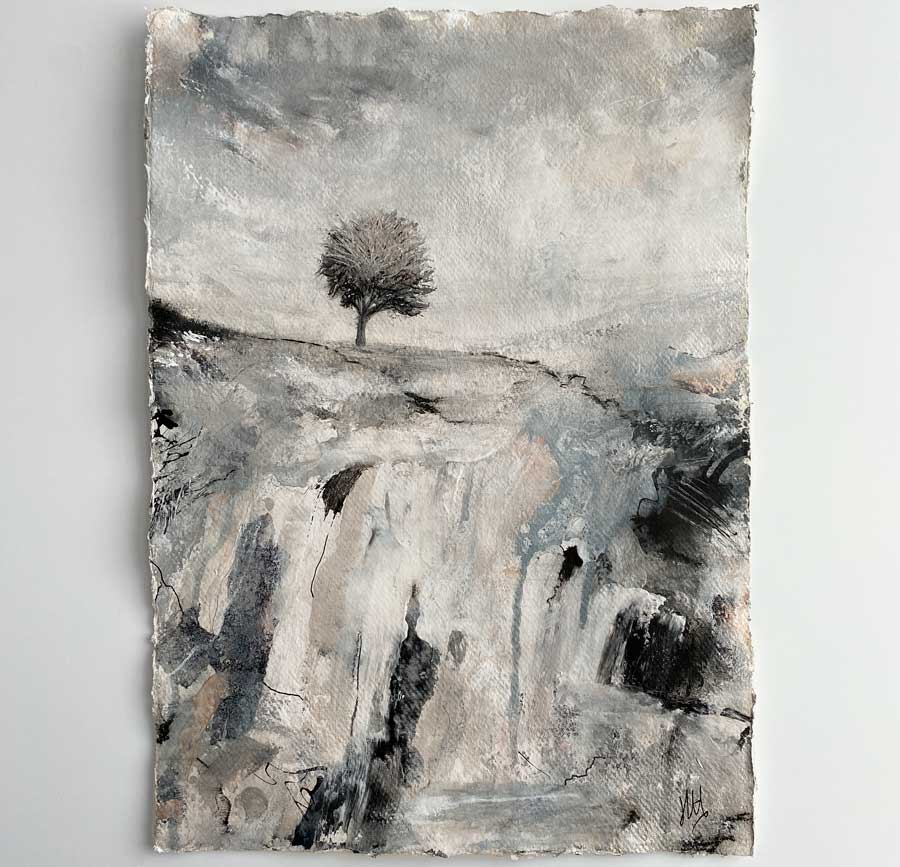 original black white & metallic abstract treescape landscape painting - A Moment of Calm Delight by Jayne Leighton Herd