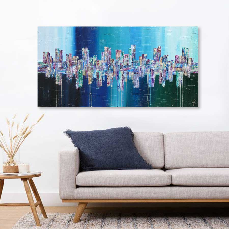 'Deep': original large blue cityscape painting on canvas, city skyline art