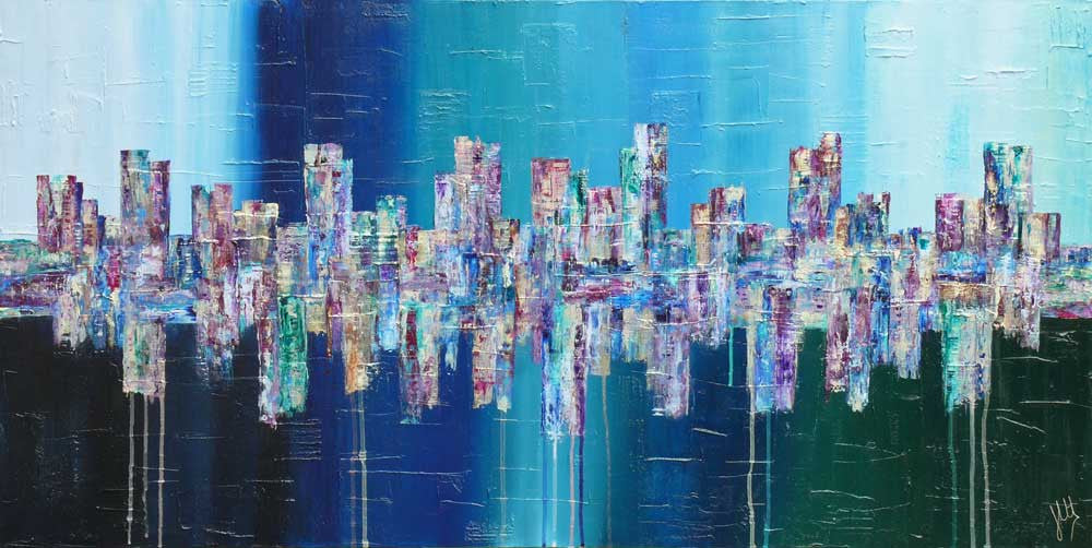 'Deep': original large blue cityscape painting on canvas, city skyline