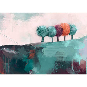 original green & orange abstract treescape landscape painting - There’s Always One by Jayne Leighton Herd