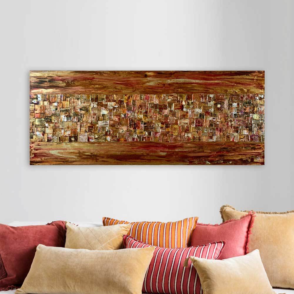 'Horizons II' gold & copper abstract cityscape on 40 x 100 cm canvas