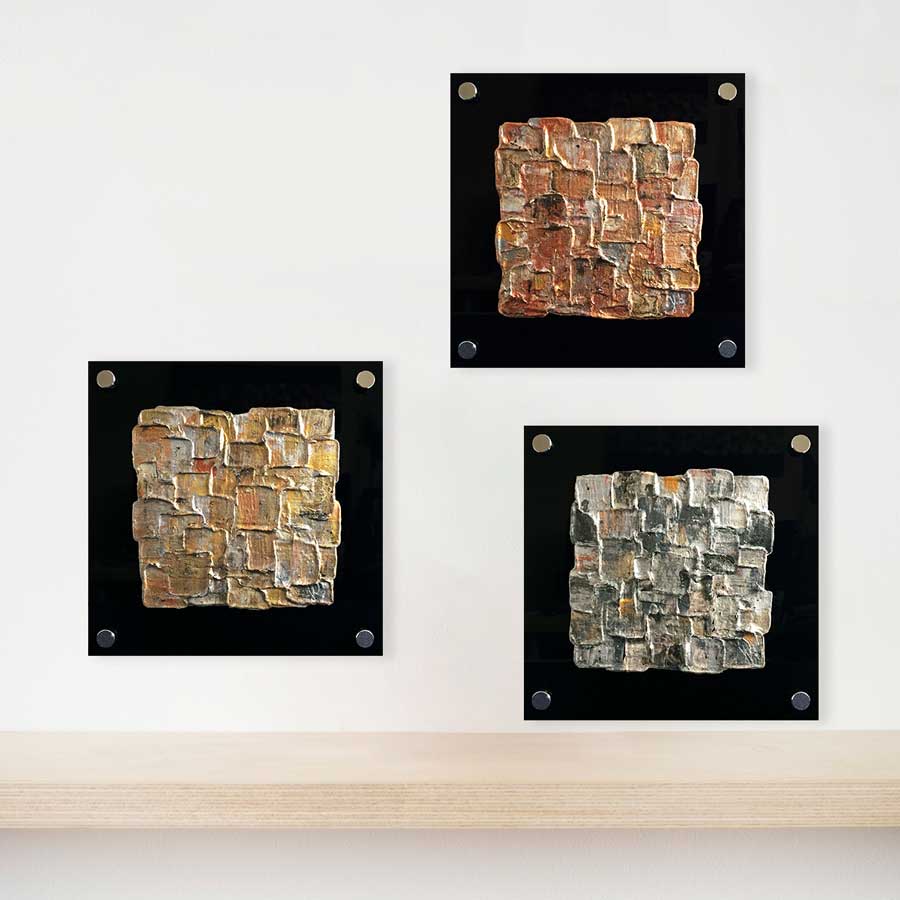 Triptych of gold, silver & bronze geometric abstract paintings on black perspex glass - Interwoven First, Second, Third' by Jayne Leighton Herd