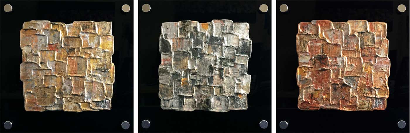 'Interwoven First, Second, Third' triptych painting on black plexiglass