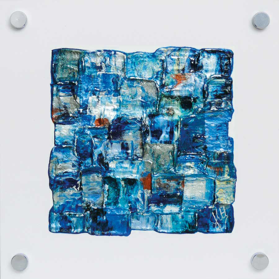 'Interwoven Sea II' small, blue painting on white plexiglass