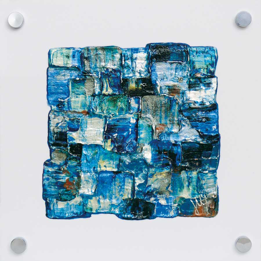 'Interwoven Sea III' small turquoise and blue painting on white plexiglass