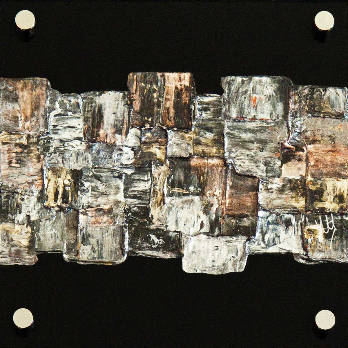 'Interwoven Silver' small abstract art on black perspex