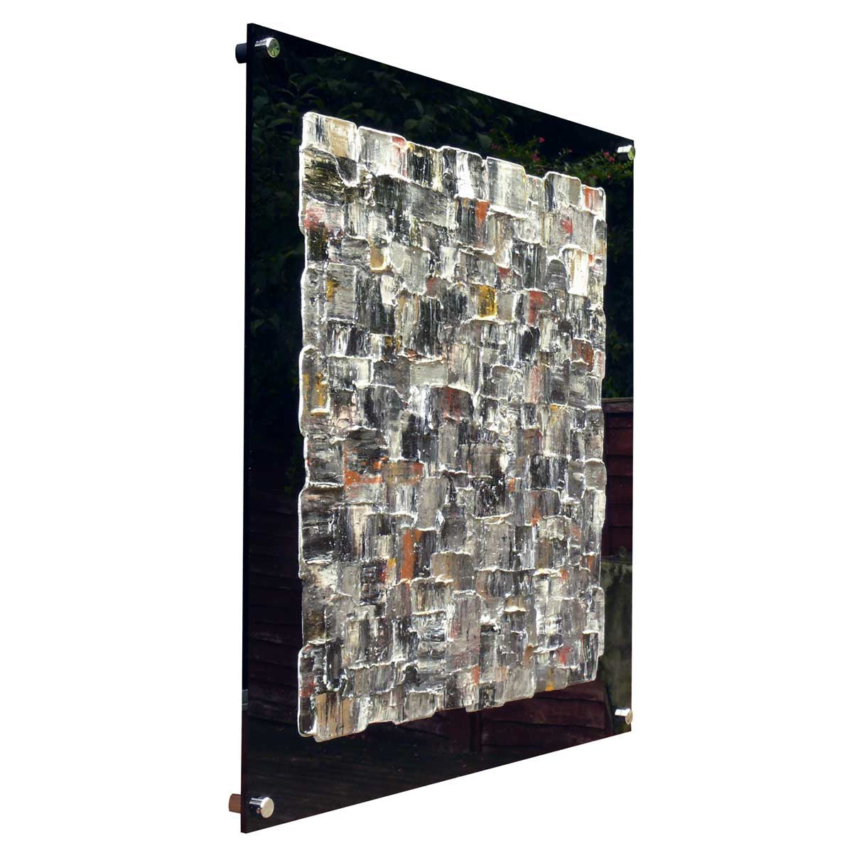 'Interwoven Steel' square abstract on black plexiglass