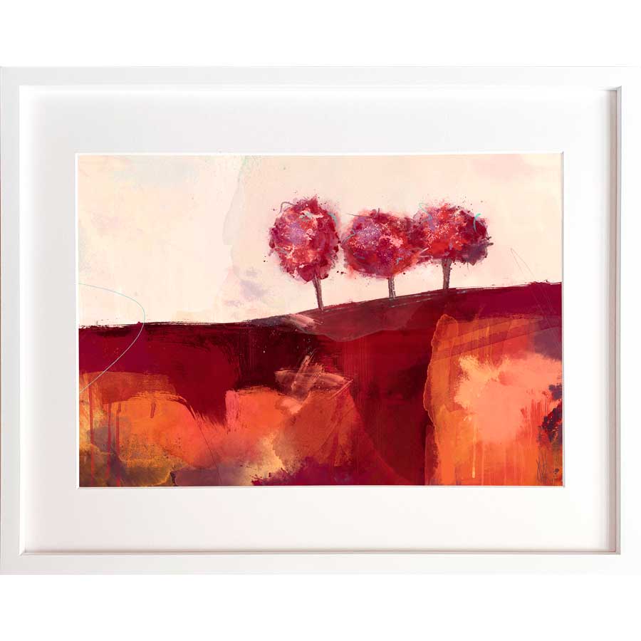 Framed orange & red original blue abstract treescape landscape painting - Freshly Squeezed Morning by Jayne Leighton Herd