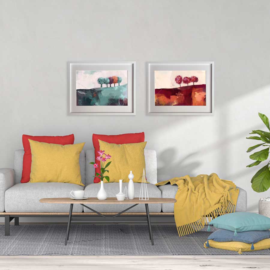 Framed Living room art - Orange & red original treescape landscape painting - Freshly Squeezed Morning by Jayne Leighton Herd