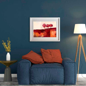 Framed Living room art - Orange & red original treescape landscape painting - Freshly Squeezed Morning by Jayne Leighton Herd