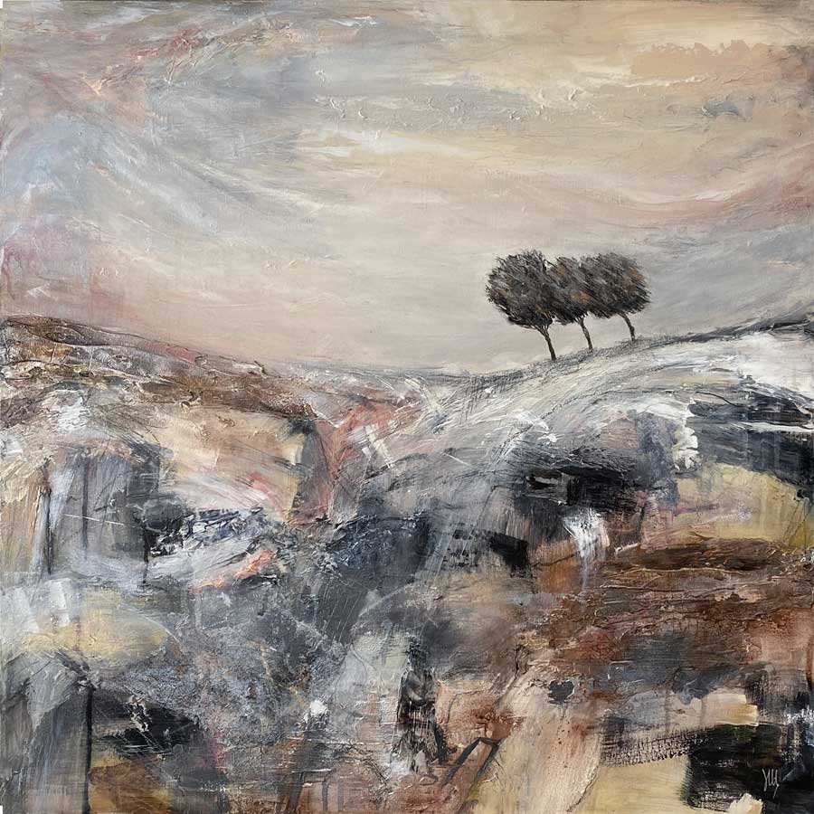 Framed original copper brown silver abstract landscape painting - Winter's Edge by Jayne Leighton Herd