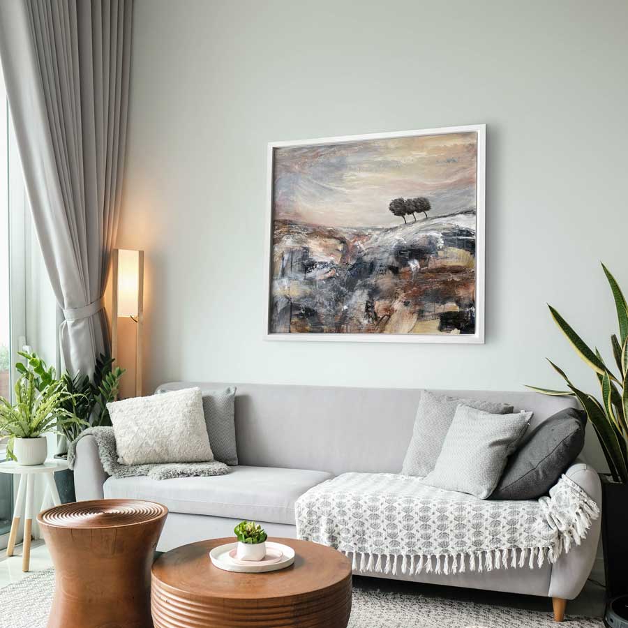 Framed Living room art - original copper brown silver abstract Scottish landscape painting - Winter's Edge by Jayne Leighton Herd