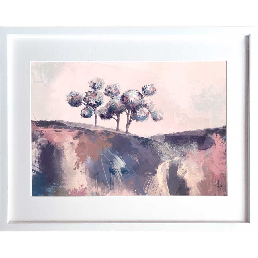 Framed original purple & pink abstract treescape landscape painting - Kiss Me Under the Mistletoe by Jayne Leighton Herd